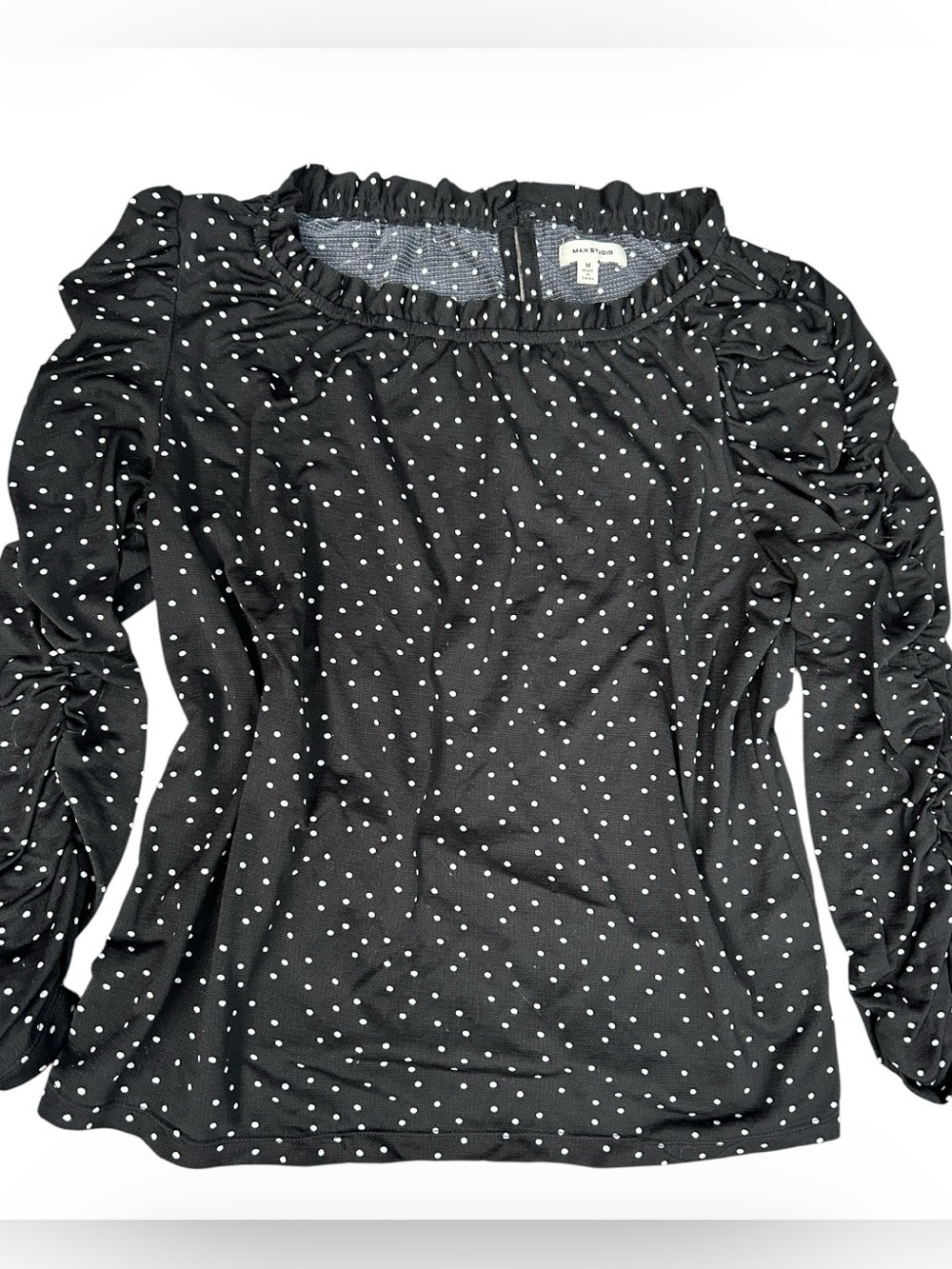 Max Studio Black Polka Dot Ruffle Neck Ruched Sleeve Blouse - Size M